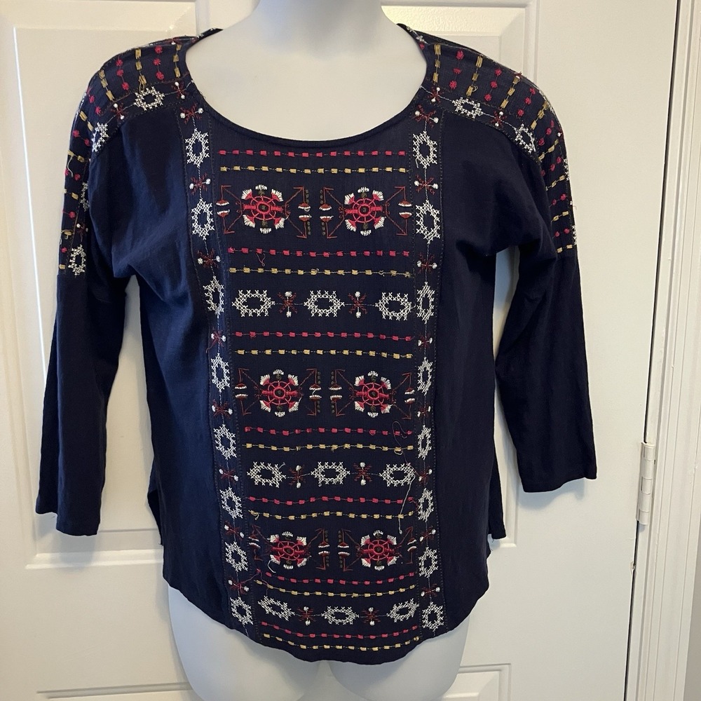 Zara‎ Embroidered Pullover Women's Medium Gauze Shirt Boho Blue Top Scoop Neck